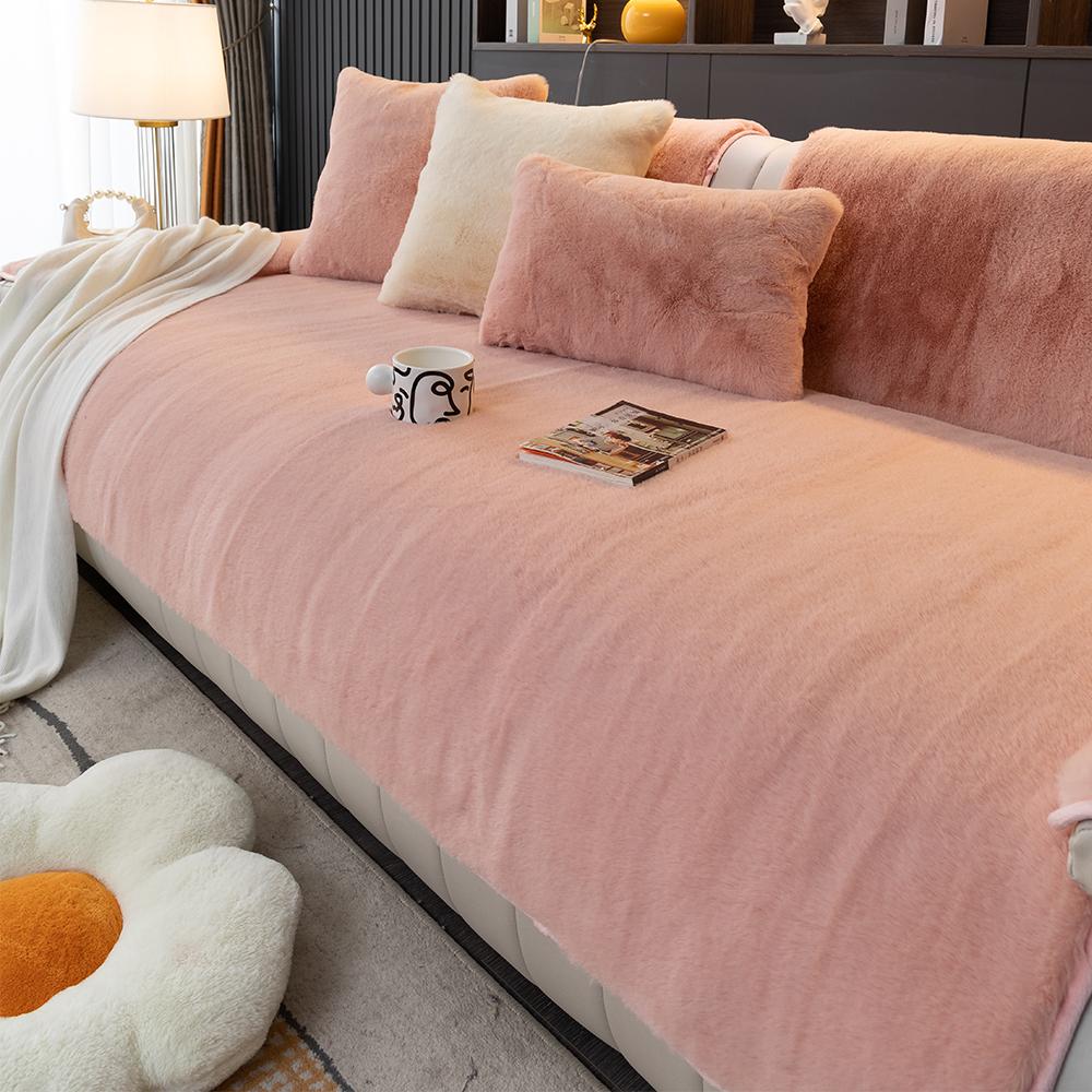 Winter Sofa Cover Rabbit Fur Soft Sensation Padded Plush Sofa Cushion Non-Slip Furniture Protector Suitable for 1-4 People