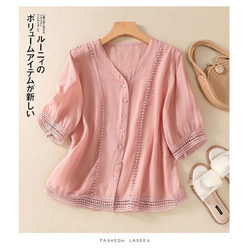 

Women s White V-Neck Half-Sleeve Blouse Lace Trim Button Front Loose Casual Chiffon Shirt L рожевий