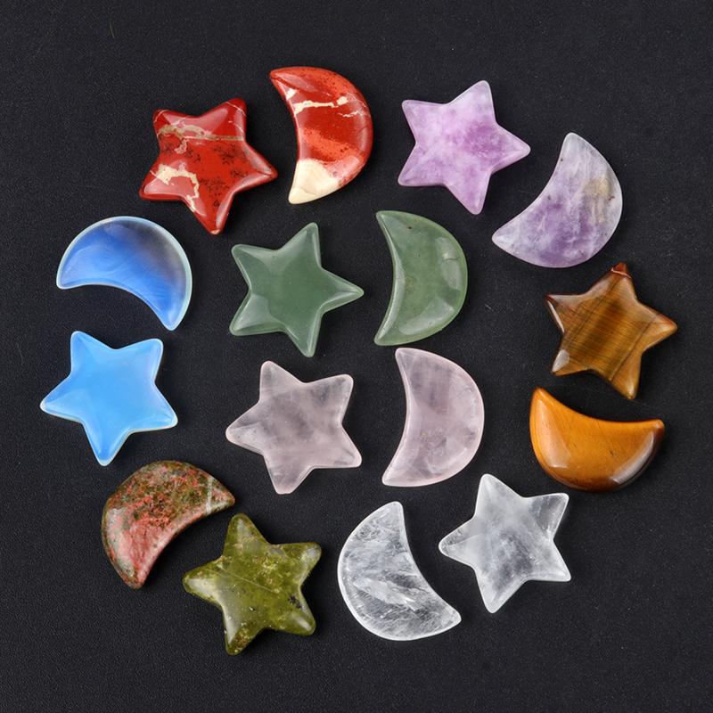 2 ks/sada Mini hvězda Měsíční kameny Crystal Worry Stone Ornament Dekorativní, přírodní kamenné kameny pro čarodějnické řemeslo DIY Meditace Reiki Balancing Decor