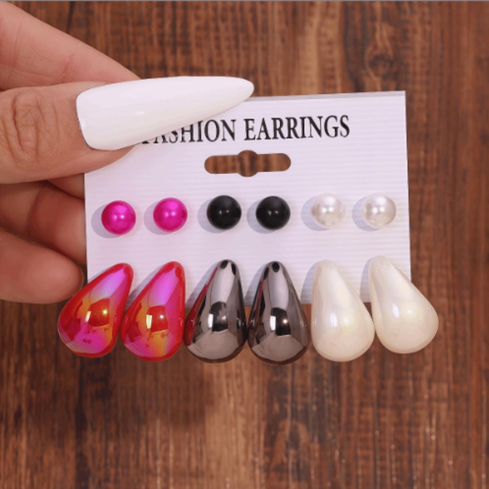 6pairs Elegant Chunky Water-drop Drop Earrings Matte Finish Luxury Teardrop Hoop Eardrop Bead Glossy Stud Earring Gift