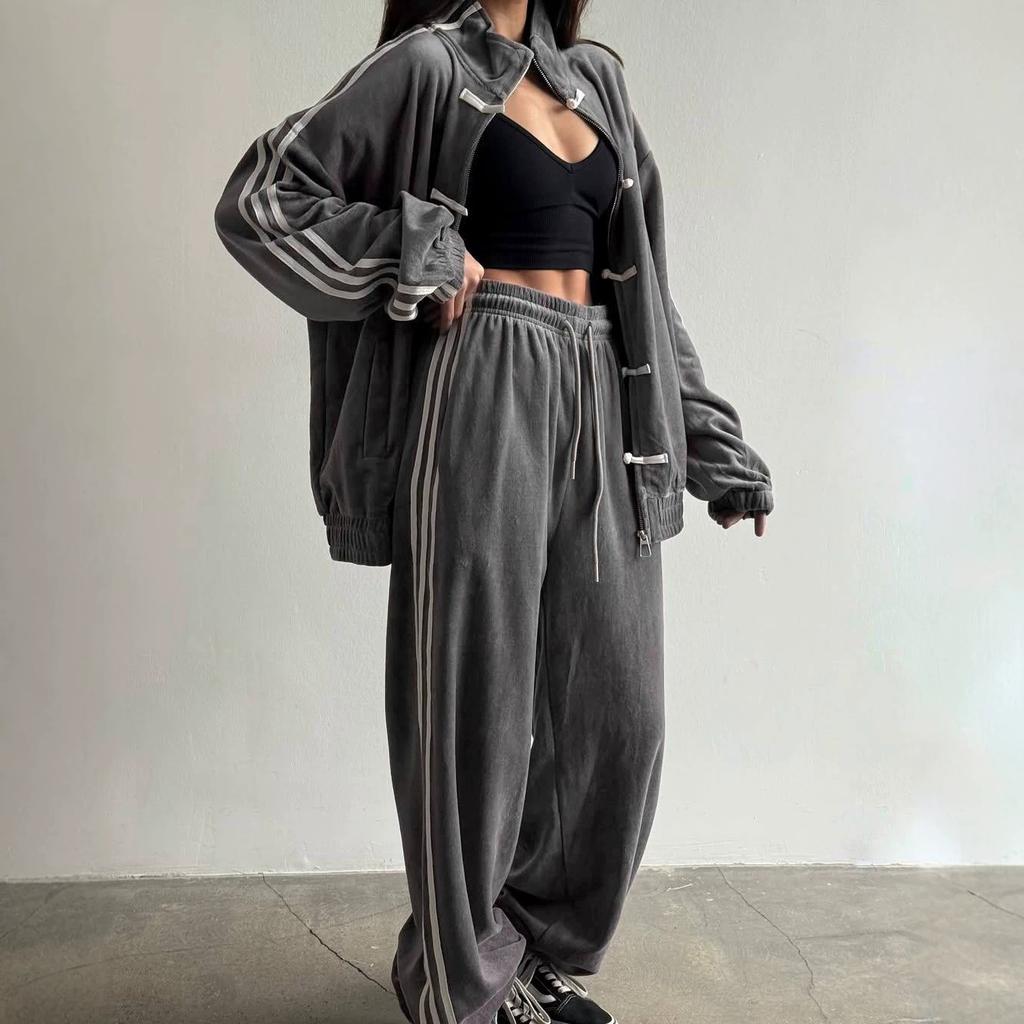 Boucle de mode 2026 trois barres costume décontracté veste à col montant rétro pantalon de survêtement large ensemble deux pièces