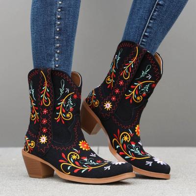 Botas Cowboy Clásicas Bordadas 2024 para Mujer Cuero Genuino Botas Cowboy de Tacón Bajo para Mujer Botas hasta la Rodilla Zapatillas Mujer