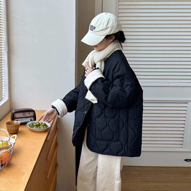 Bomullsjacka för dam i koreansk stil med diamantmönster, kraglös - Kort, sömlös, lättviktig för höst & vinter
