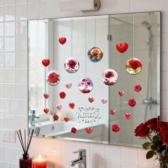 Valentine's Day Window Cling Removable Waterproof PVC Rose Flower Love Heart Static Glass Sticker Holiday Party Decoration Decal