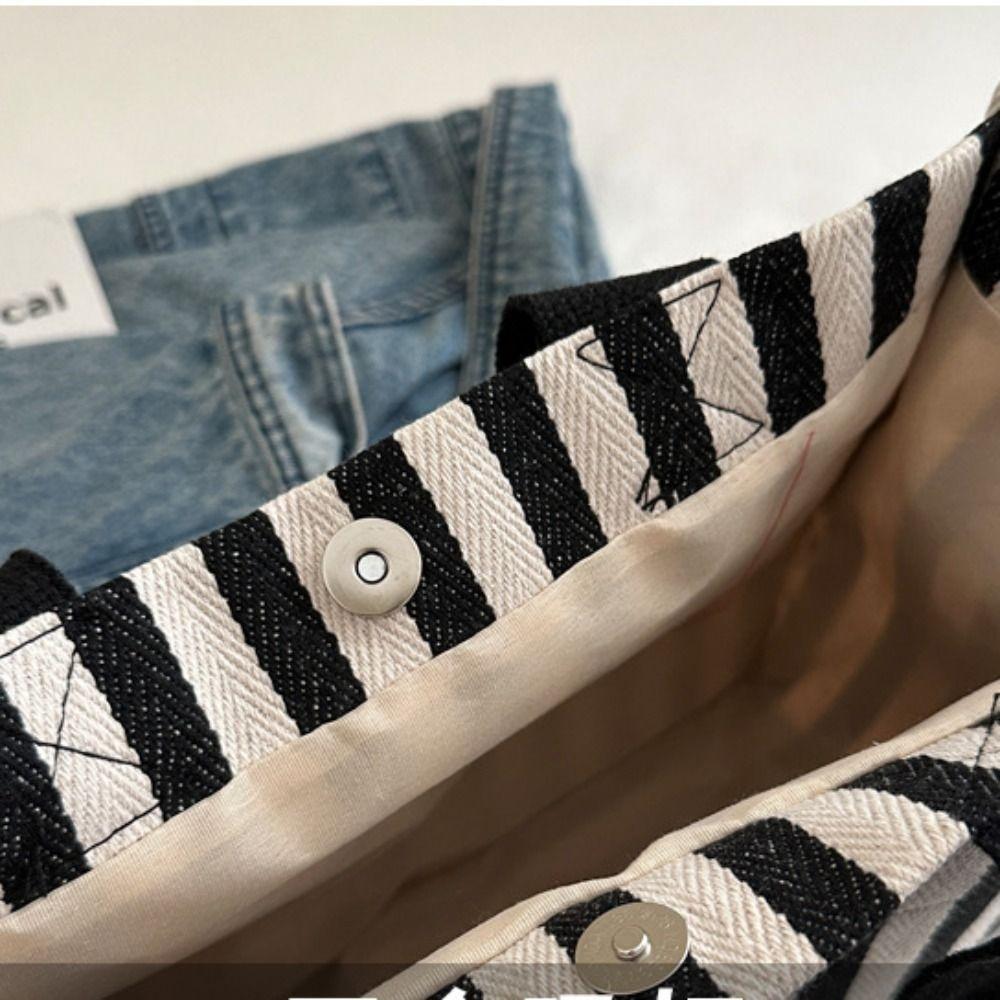 Simple Shoulder Bag Large Capacity Cloth Handbag Temperament Stripe Canvas Tote Bag  Girls