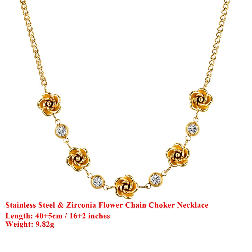 EFFIE QUEEN Stainless Steel 18k Gold & Zirconia Flower Chain Choker Necklace Romantic Jewelry for Women, Men Banquet Gift STKN10