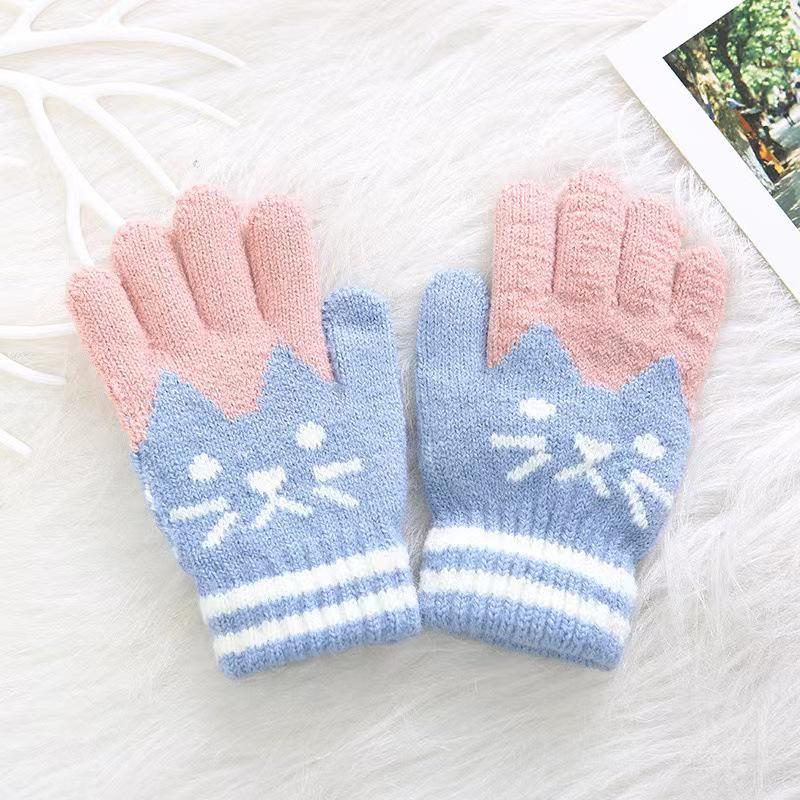 Kids' Winter Fleece-lined Cold-proof Gloves for Elementary Students – Boys' and Girls' Kitten Jacquard Design