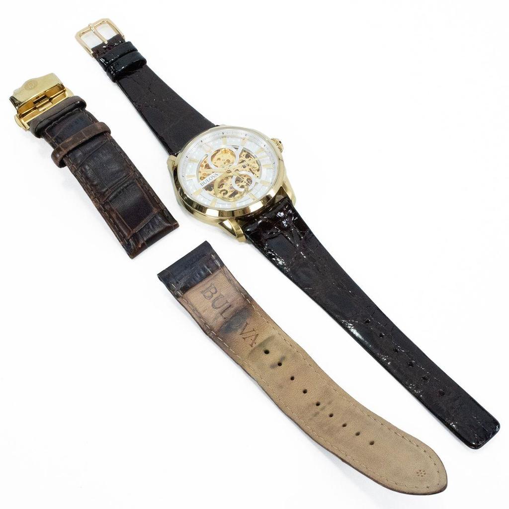 Used Working Item Bulova Watch Automatic Men's Classic Sutton Skeleton 97A138 Silver Gold Open Heart
