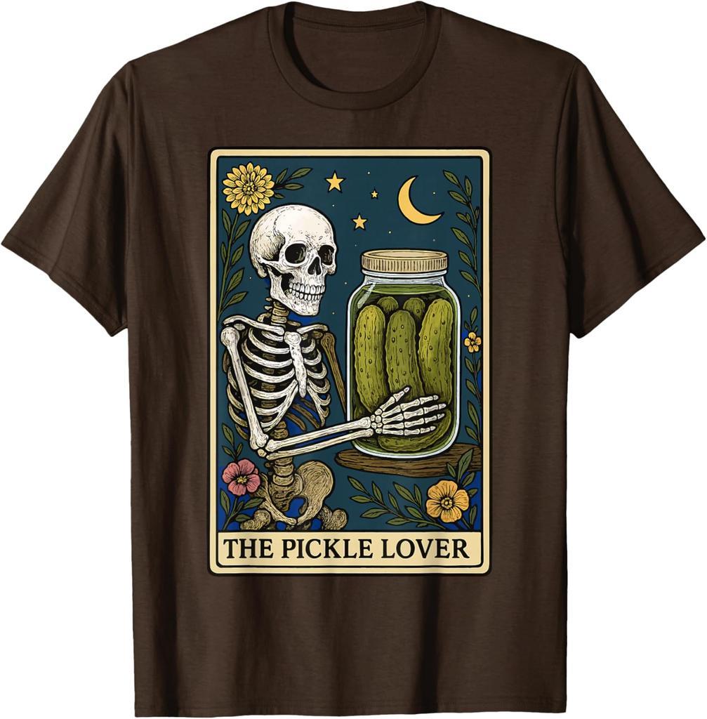 Skeleton Holding Pickle Jar Tarot Card Graphic Print Cotton Casual T-Shirt for Men Trip