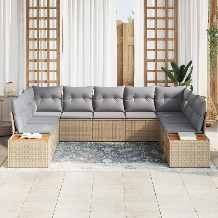 VidaXL Ensemble de canapé de jardin 9 pièces avec coussins en rotin poly beige acacia 3348166