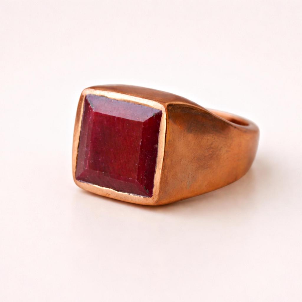 Square Cut Red Ruby Signet Ring, 925 Sterling Silver Jewelry, Handmade Pure Copper Ring, Bohemian Ring for Men Women