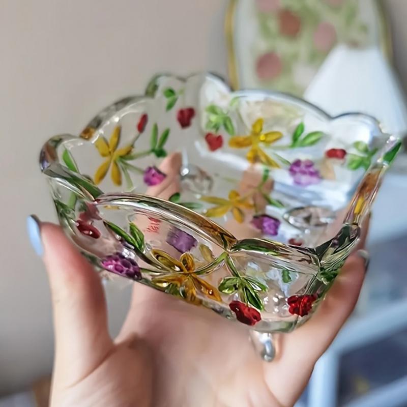 Hand Drawn Colored Glass Jar - Grape Carving, Square Retro Candy Jar, Ashtray, Relief Storage Jar, Jewelry Box & Decorative Bowl