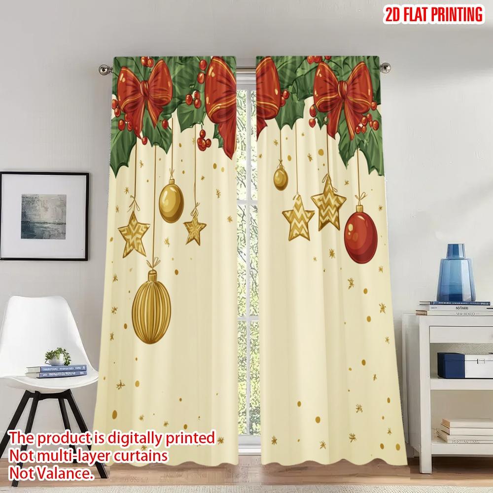 

Set Of 2 Flat Printing Merry Christmas Party Curtains Ornament Stars Bow Digital Printed Polyester Drapes Family Made W100*H70(CM)-Grommet top&1PCS