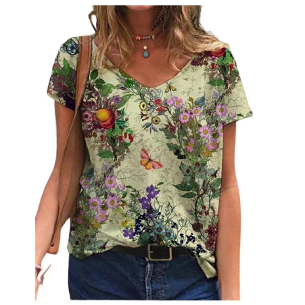 Casual Summer T-shirt 2025 New Women's 3d Floral Print T-shirt Ladies Street Wear Short-sleeved V-neck Top