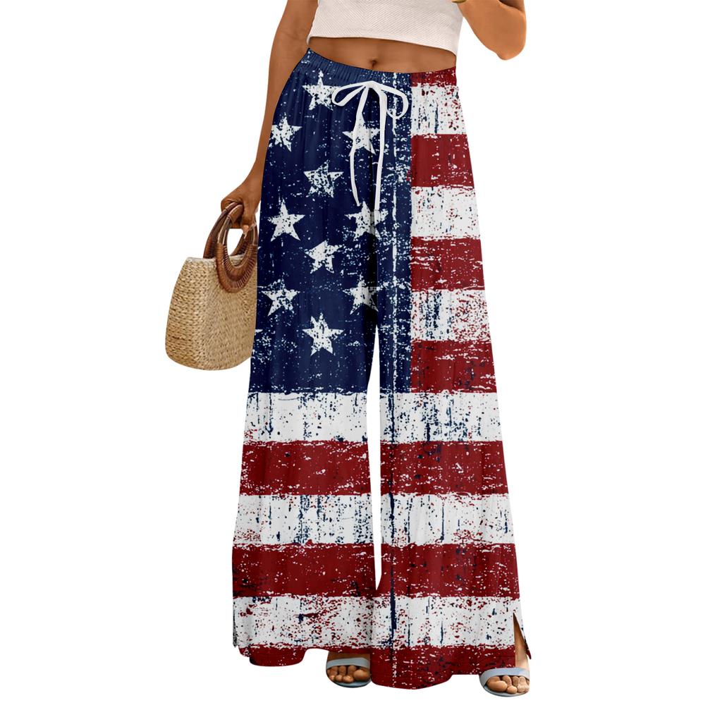 Women Summer Boho Palazzo Pants High Waist Wide Leg Floral Printing Casual Trousers With Pockets