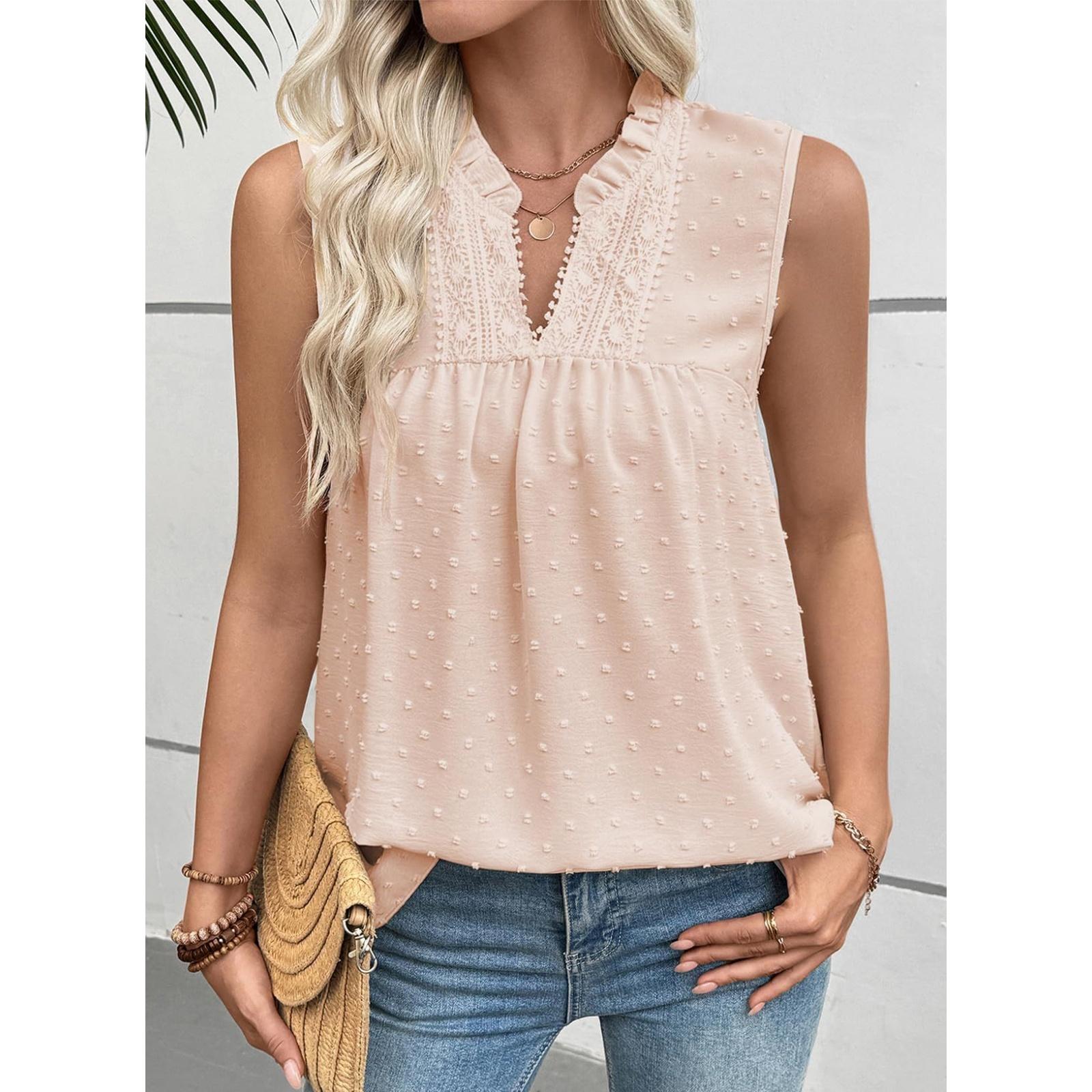 

Модный женский кружевной повседневный топ без рукавов в горошек L бежевый