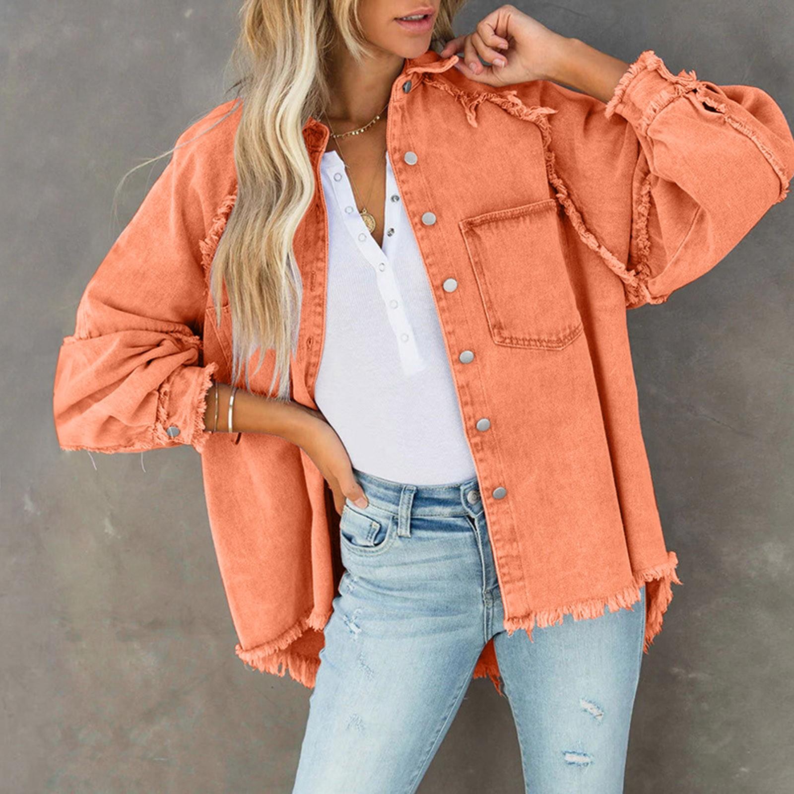 

Женская повседневная потертая джинсовая куртка с кисточками и отверстиями, свободная однотонная джинсовая куртка XL шафрановый