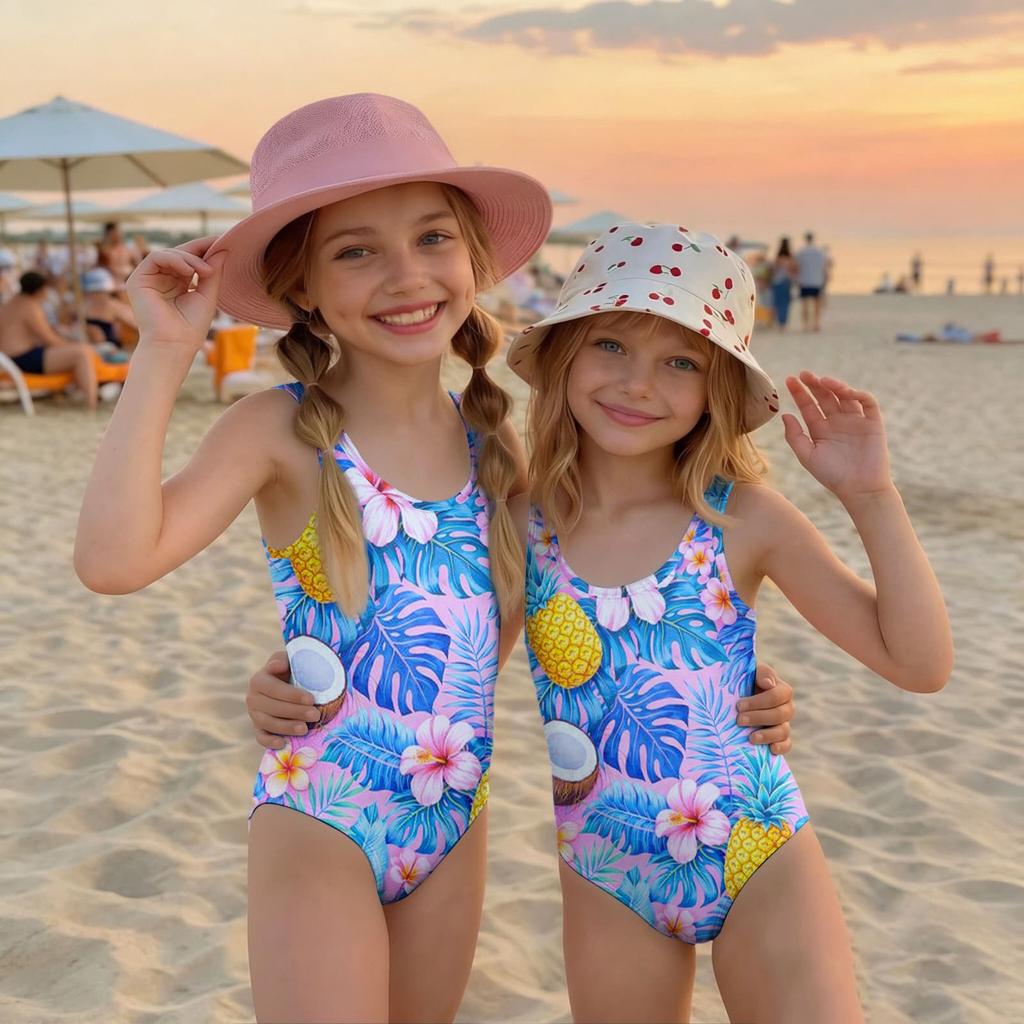 Girls One Piece Swimsuit Palm Tree Print Summer Beach Swimwear Lightweight Quick Dry Bathing Suit for Kids