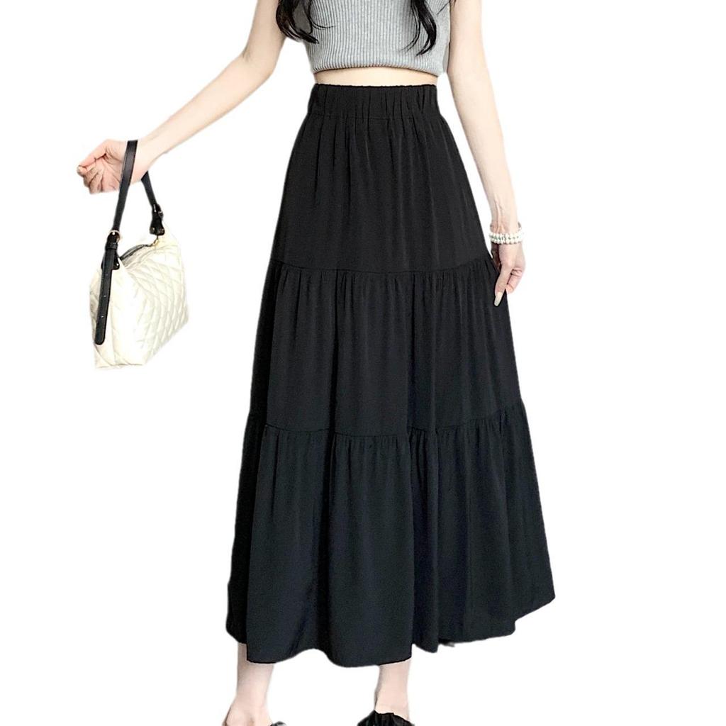 2024 Women's Black Elastic High-Waist Midi A-Line Skirt: Slimming, Draped, and Trendy for Spring/Autumn