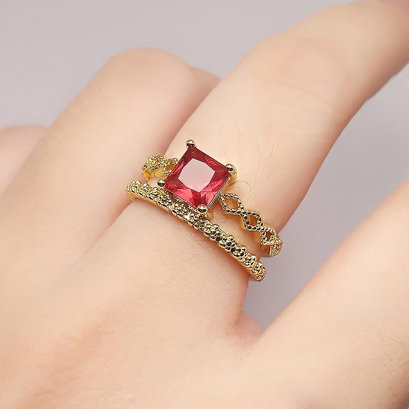 Square Sapphire Ring Vintage Red Diamond Crown Double Plated Chlorite Women S Ring opening adjustable