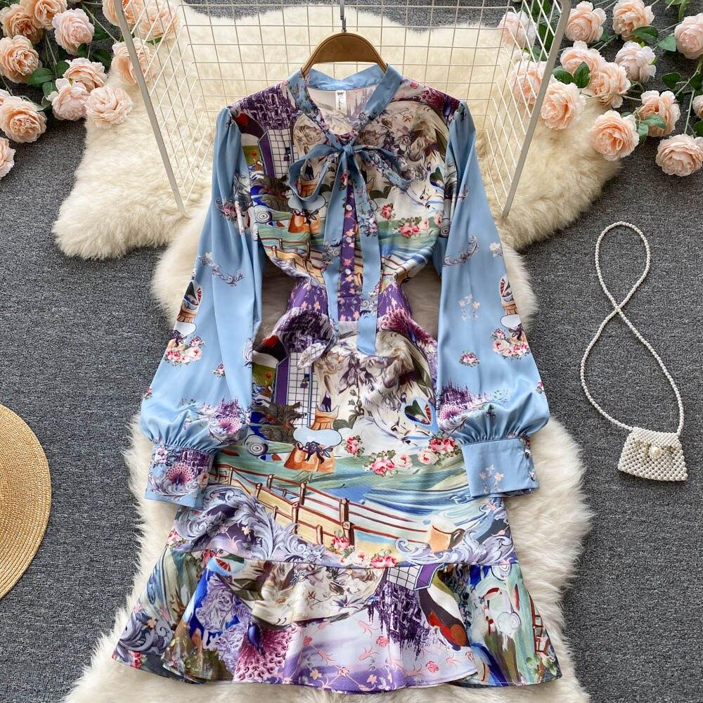 Весна 2022, новинка, сетчатое кружевное платье с принтом на шнуровке и запахом «рыбий хвост», облегающее платье-пуловер с длинными рукавами, модное