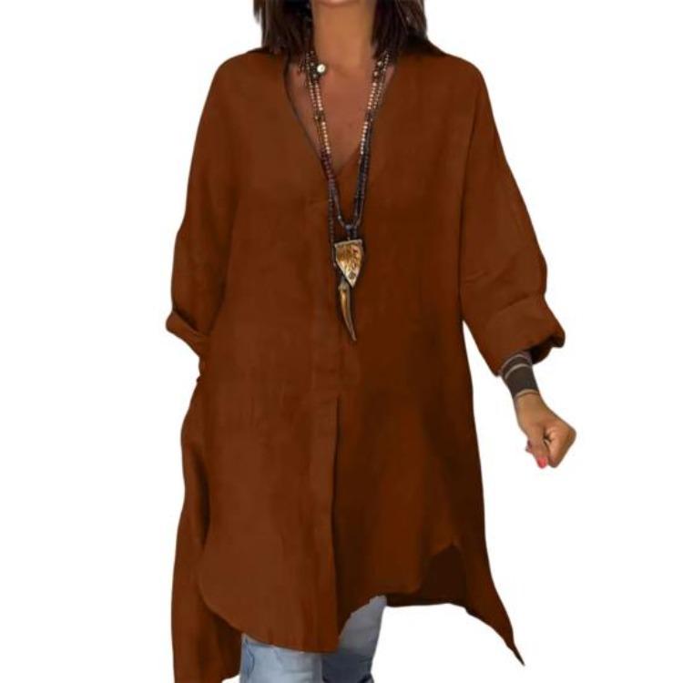 Long Sleeve Women Shirt V Neck Side Split Hem Pullover Tops Loose Fit Solid Color Summer Daily Wear