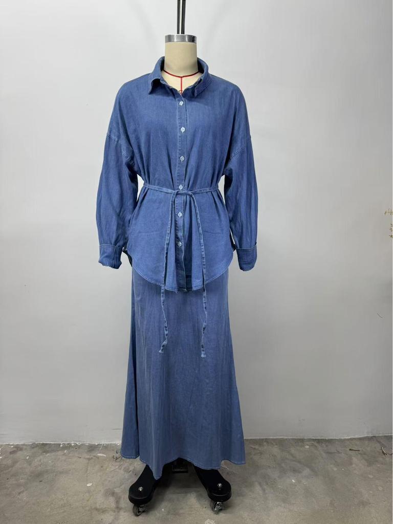 2025 Autumn/Winter European & American Fashion: Women's Loose Fit Denim Coat and Tie Shirt Set