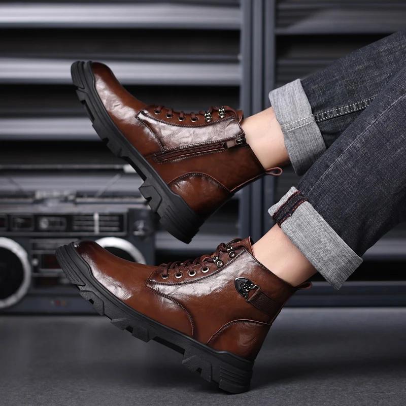 British Style Outdoor Sneakers Casual Ankle Boots for Men Genuine Leather Boots Comfortable Flat High Top Lace Up Fashion Male