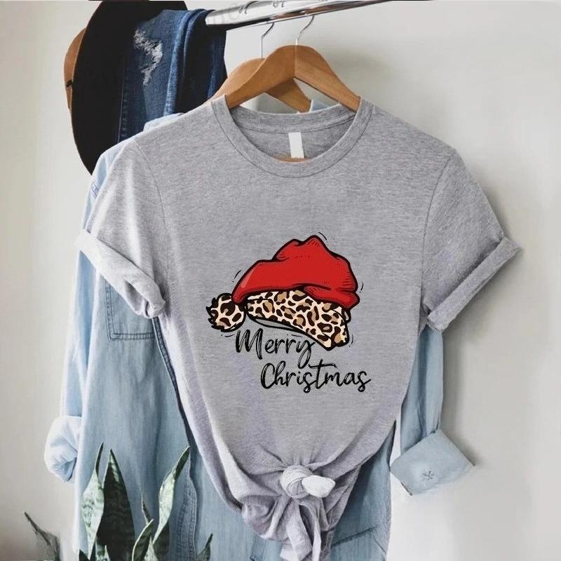 Womens short sleeved Tshirt  summer leopard print Christmas hat Merry Christmas print  fashionable and trendy Womens Tshirt