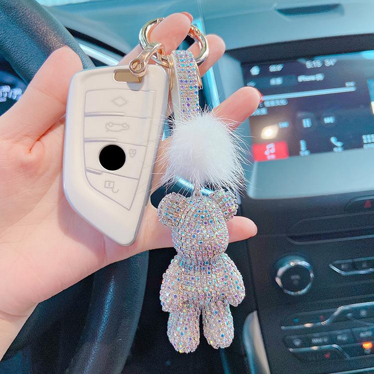 Autumn and Winter New Mink Hair Full of Diamonds Violent Bear Car Key Chain Drill Rope Key Ring Bag Pendant Online Celebrity