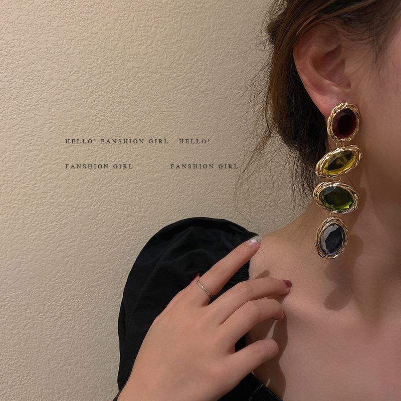 Exaggerated candy color long rhinestone earrings temperament fashion earrings retro design personalized earrings women