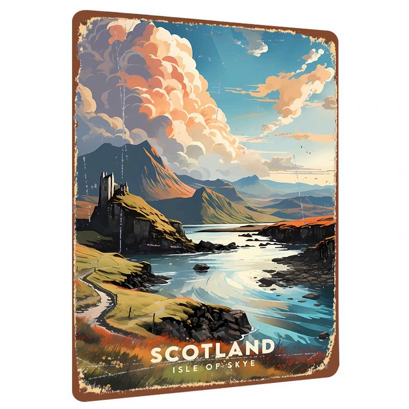 

Scottish Isle of Skye Landscape Metal Wall Art Vintage Castle Mountain Lake Decor for Living Room Study 20x30cm（7.8x11.8inch）