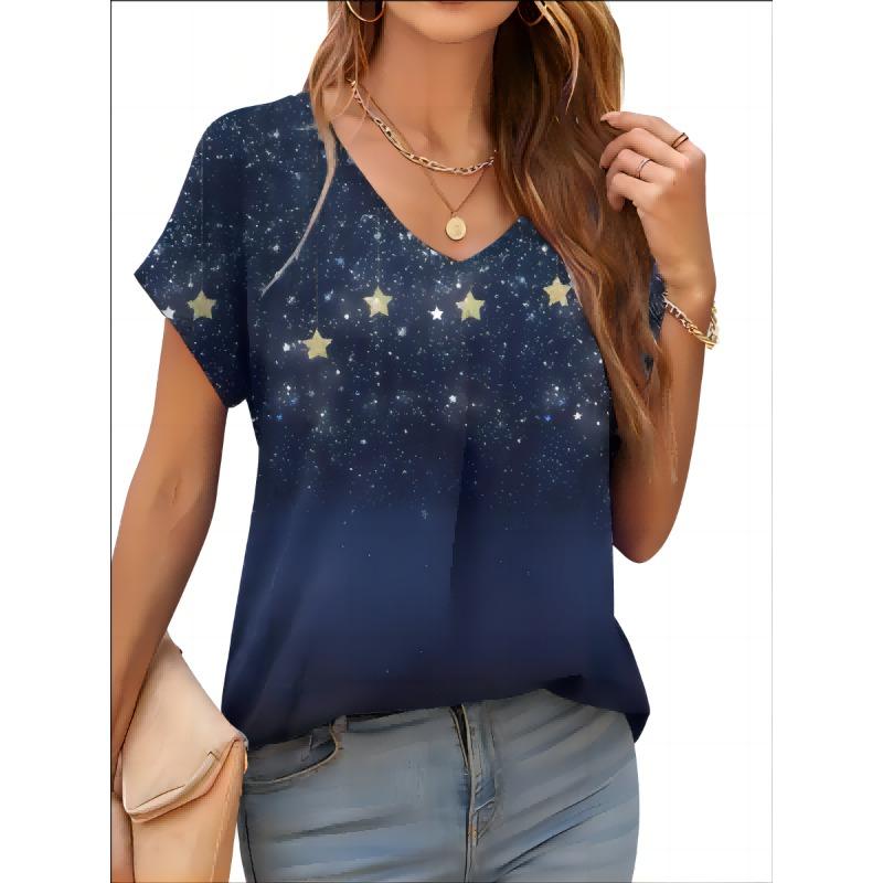 2026 New Summer Women T-shirt 3d Fashion Print Gradient Harajuku T Shirt Oversized Tee For Ladies Clothing New Short Sleeve V-Ne