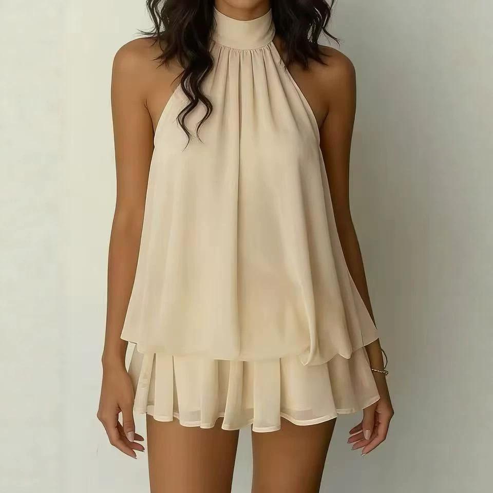 2026 summer neck sleeveless dress for women, double-layer ruffle edge loose and thin black short skirt