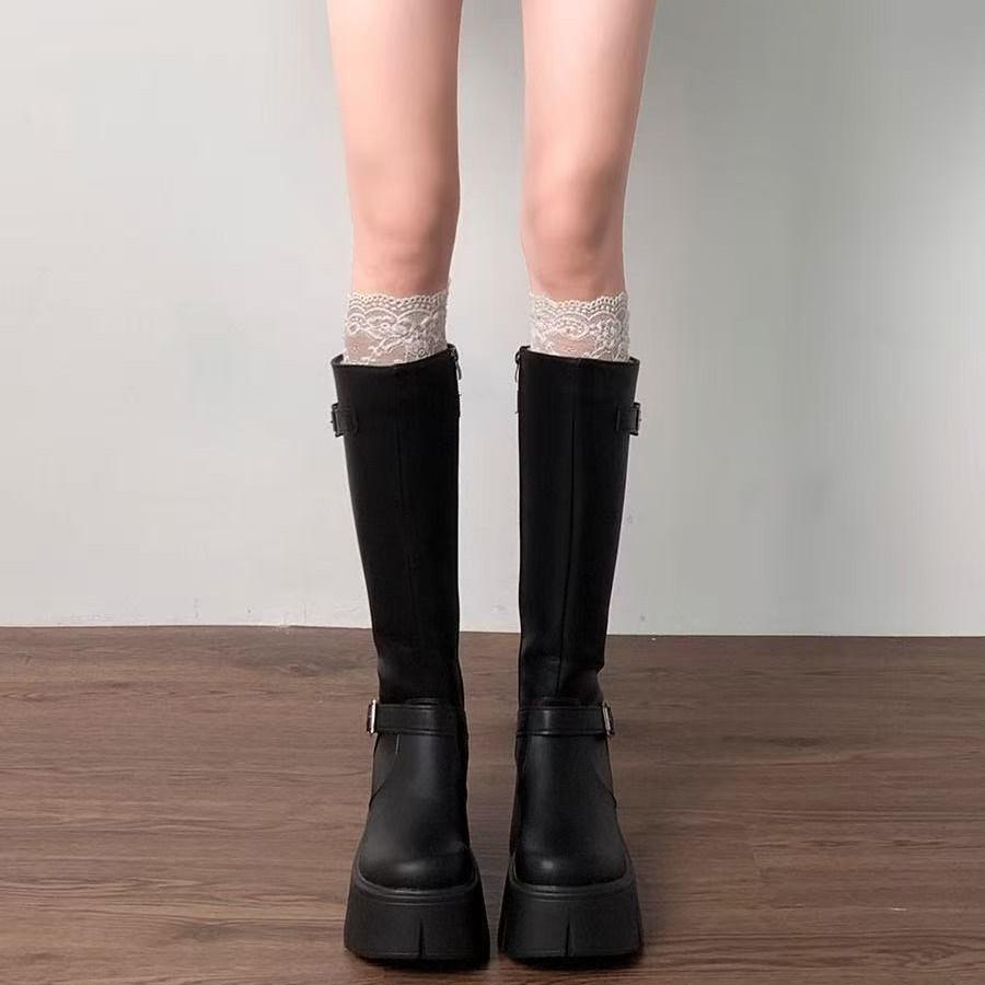 Retro French black platform boots, new autumn small new products, thin and heightened knight boots