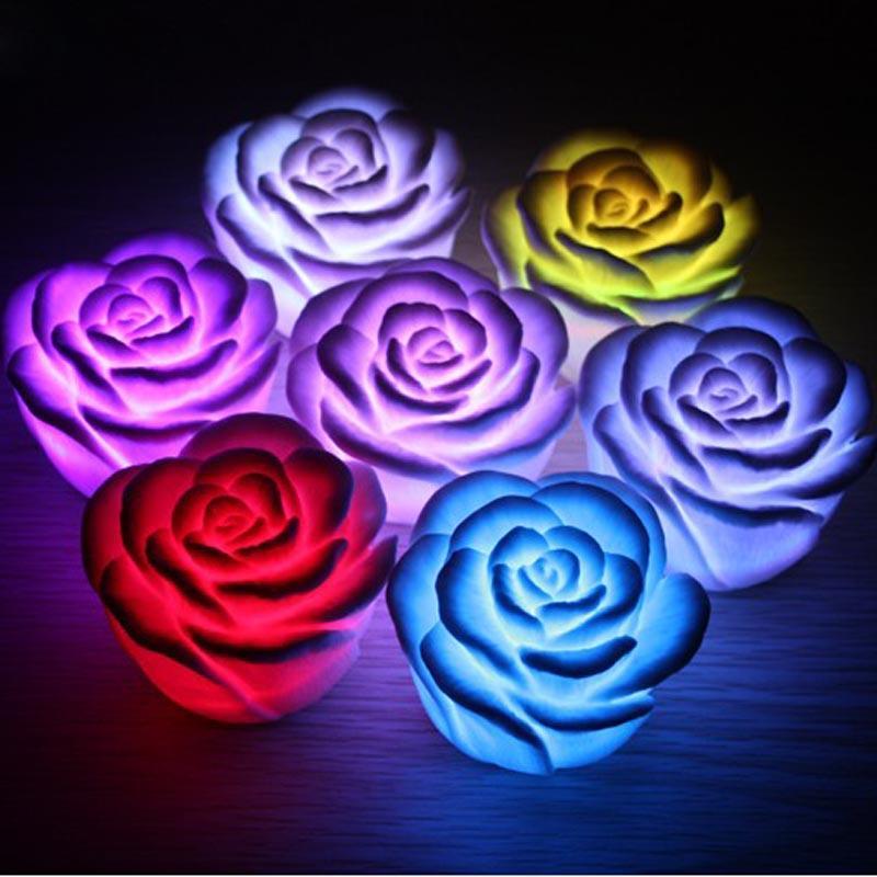 Romantic LED Floating Rose Flower Candle Night Light 7 Colors Changing Colorful Wedding Decoration Bedroom Party Indoor Decor