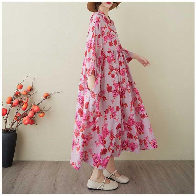 Ladies' Gentle Wind and Cloud Brocade Cotton and Hemp Hooded Printed Dress