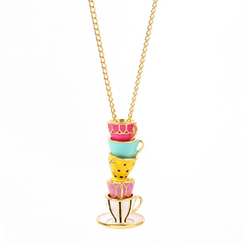 

Colorful Handmade Teacup Pendant Necklace Fashionable Enamel Jewelry Teacup Ear Studs Alloy Material Gift for Women Girl