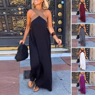 Women Evening Dress Cross Neck Off Shoulder Backless Robe Dress Solid Color Loose Maxi Dress for Beach Party Prom Vacation