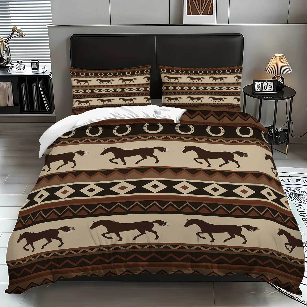 

3Pcs Horse Element Design Print Pattern Bedding Set (1 Duvet Cover, 2 Pillowcases, Coreless), Retro Bohemian Pattern Duvet Cover Set&EU Single(135x200cm)