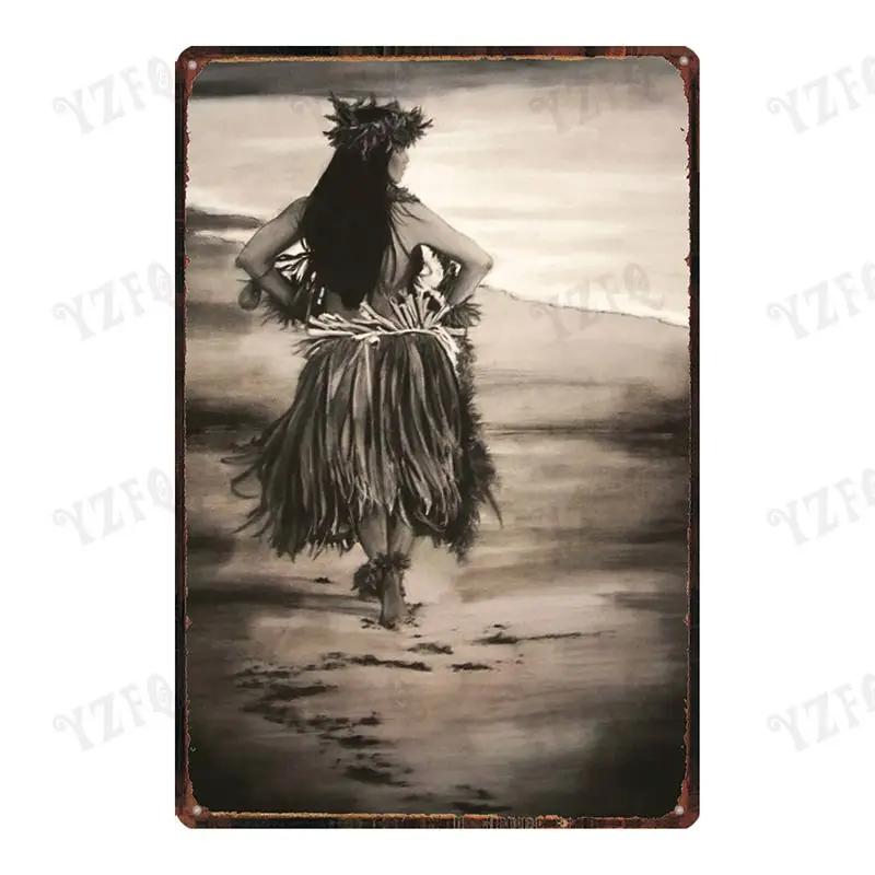 Vintage Hawaii City Painting with Hula Dancers  Metal Travel Tin Sign for Wall Decor In Pubs Cafes and Homes  Beach Metal Pla