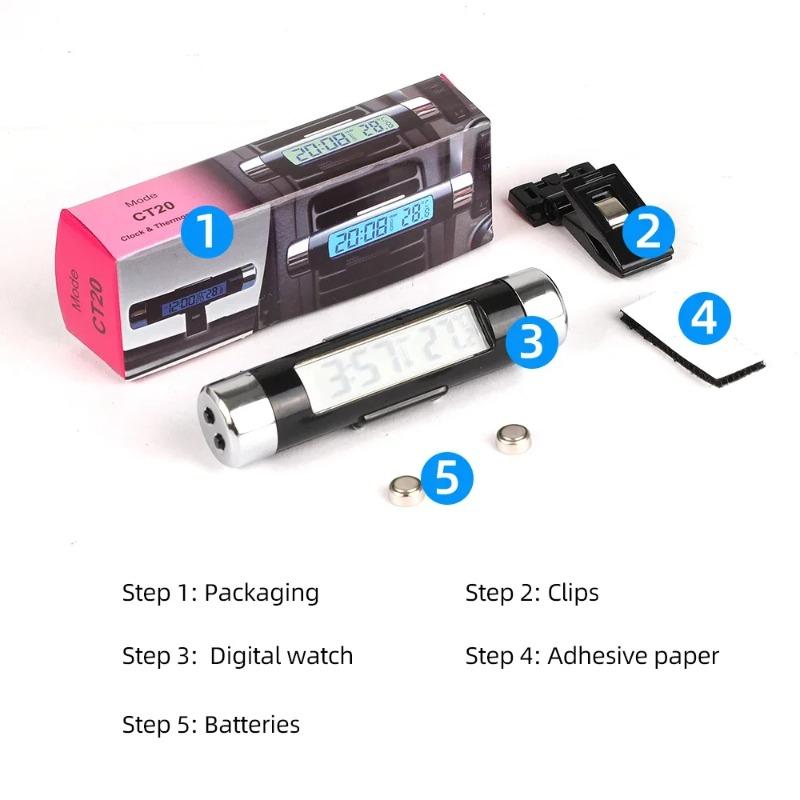 Przenośny samochodowy wyświetlacz cyfrowy LCD zegar/temperatura do nawiewu, przełączanie 12/24h, z podświetleniem, do akcesoriów samochodowych