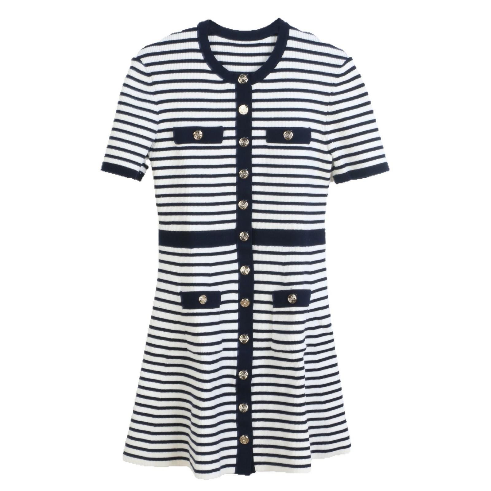 

Spring/Summer 2025 Women s Fashion Black & White Striped Knit Short Sleeve Slimming Dress Small