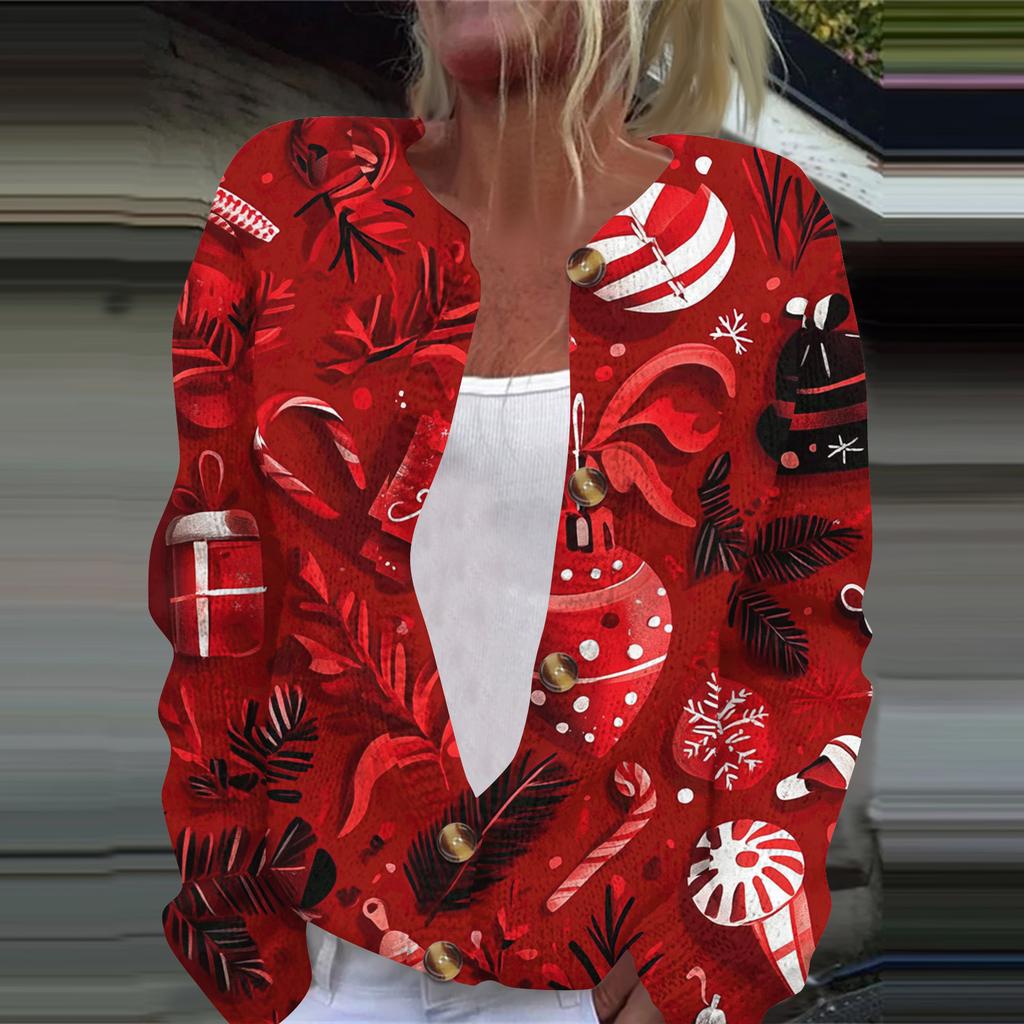 Women's Fashion Printed Long Sleeve Knitted Cardigan Button Down Jacket