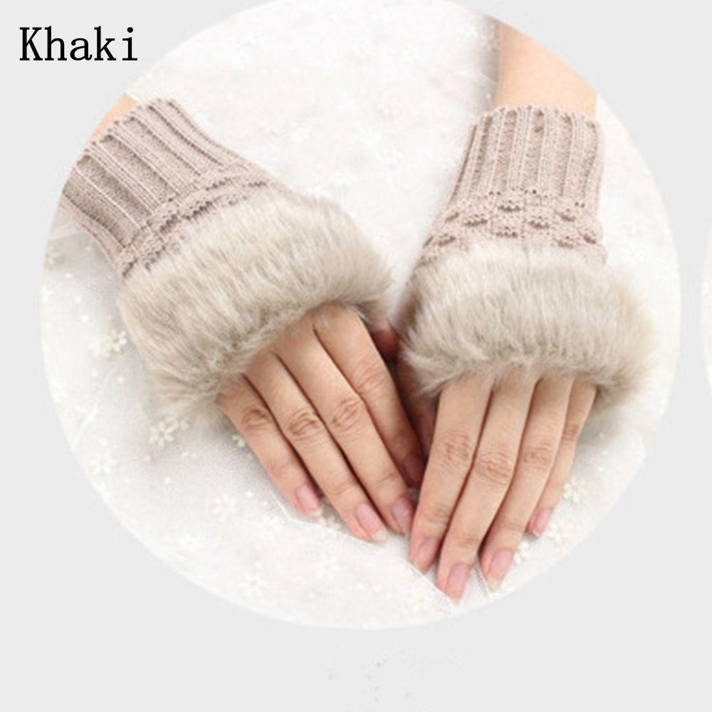 Outdoor Knitted Sheep Wool Exposed Finger Faux Rabbit Fur Wrist Gloves Couples Fingerless Mittens