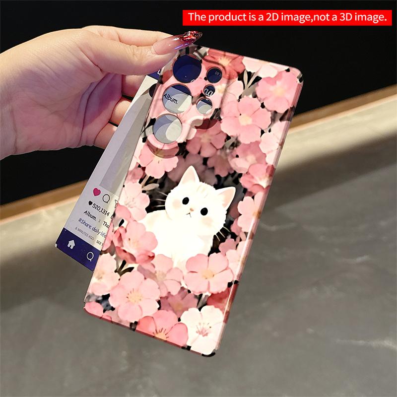 2DFlat Samsung Phone Case White Cat Among Pink Flowers Phone Case Applicable To Galaxy S23 S24 S25ULTRA S26 A12 A14 A15 A16 A54 A55