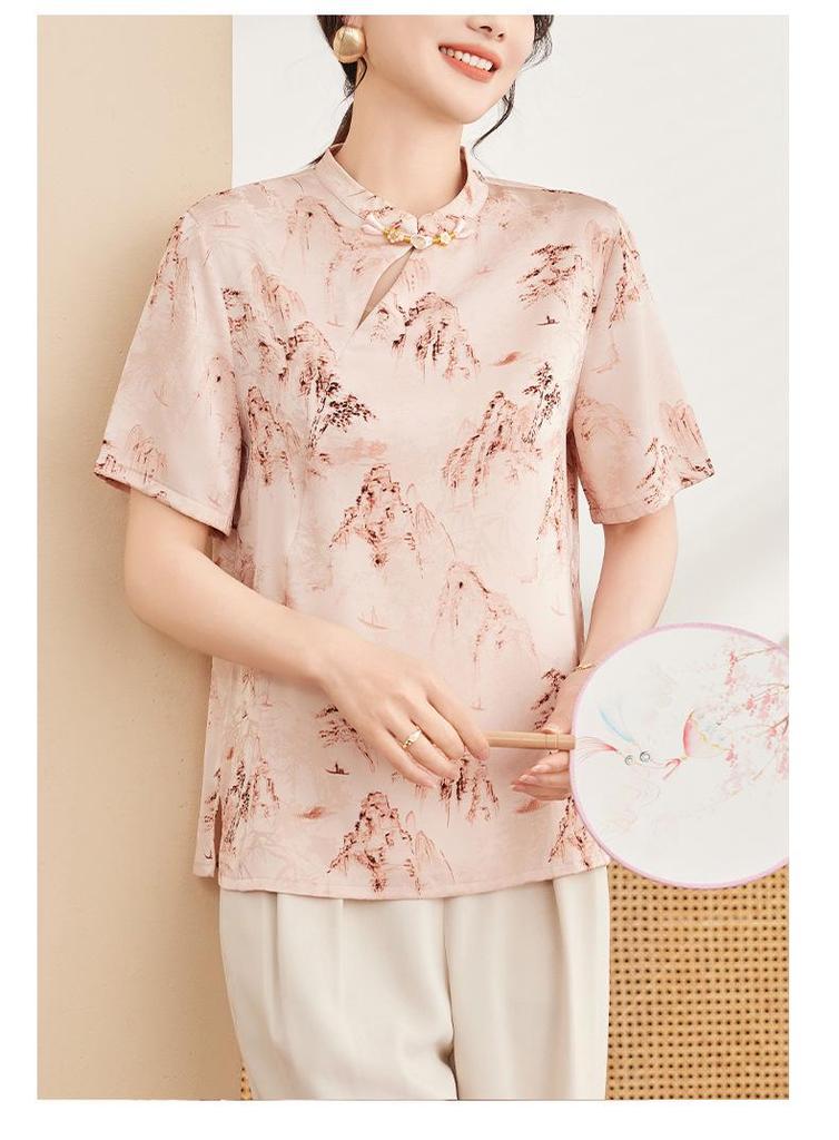 Mom's 2026 Chinese-Style Short Sleeve Summer Blouse for Middle-Aged Women