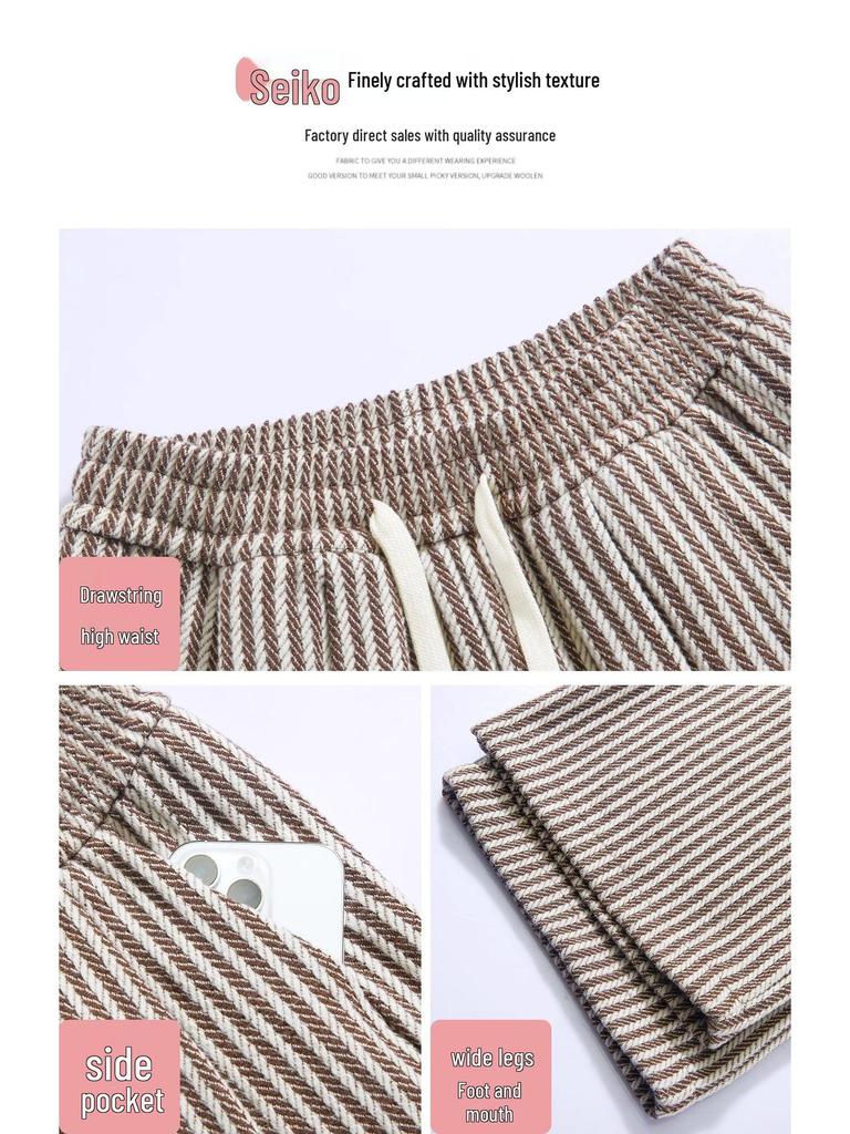 Korean Style 2025 High Waist Retro Pinstripe Wool Pants: Women’s Slimming Wide-Leg, Floor-Length for Spring, Autumn, Winter.