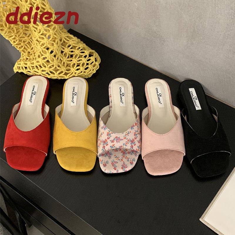 Fashion Fashion Square Toe Ladies Flats Slippers Sandals Shoes Summer Beach Female Slides Women Flats Slippers Shoes