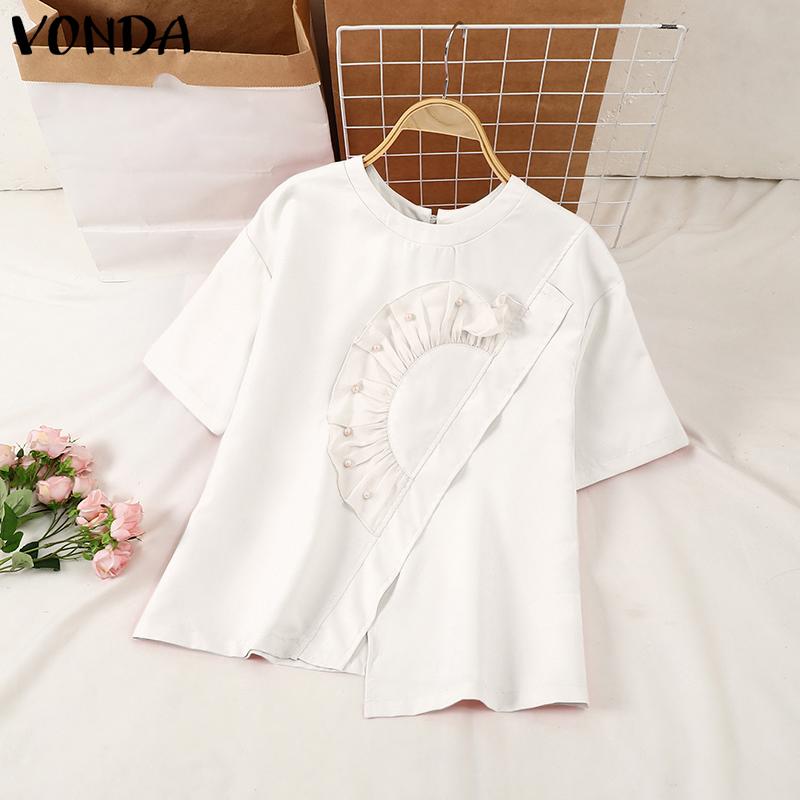 VONDA Women Summer Round Neck Short Sleeve Pearl Decorated Blouses